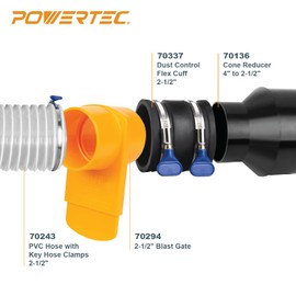 POWERTEC 70402 4" Hose to 2-1/2" Hose Cone Reducer and 2-1/2" Dust Control Flex Cuff with Adjustable Key Hose Clamps for Dust Collection on Power Tool and Vacuum