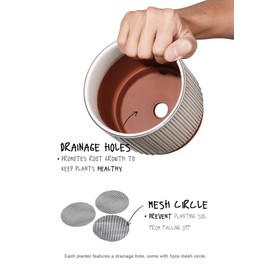 LE TAUCI 5.5+6.5+8 Inch Planter Pots with Drainage Hole, Ceramic Stripe Planters Outdoor Bonsai Container for Plants Flower, Set of 3, Reactive Glaze White (Plants Not Included)