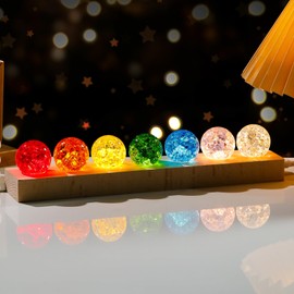 Arikyrist 7 Colors Chakra Cracked Crystal Balls (40mm) with LED Wooden Base Ice Cracked Healing Sphere Energy Night Light Energy Decor for Home