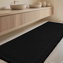 Extra Large Waffle Bath Mat, Boho Woven Modern Bath Rug Absorbent Non Slip, Ultra Soft Bathroom Mats, Machine Washable Knit Bath Rugs with Border for Bathroom, Bedroom, Kitchen, Shower, 5'x2', Black