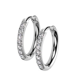 18GA F-136 Implant Grade Titanium CZ Crystal Lined 2mm Thick Hinged Round Hoop Earrings, Sold as a Pair (10mm Diameter, Silver Tone)