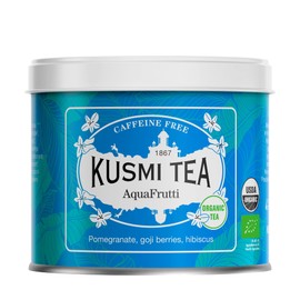 Kusmi Tea - AquaFrutti - Organic Blend of Hibiscus, Pomegranate, Apple, Blackcurrant & Goji Berries - Caffeine Free Herbal Tea - Hot or Iced - Organic Flavored Hibiscus Infusion - 3.5 oz Loose Tea Tin