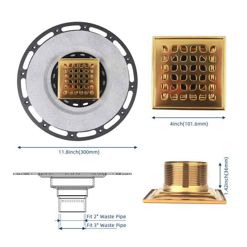 Square Shower Drain, 4-Inch Polished Gold Kit with Bonding Flange,