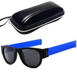 PCShop888 – Slap Sunglasses (Blue) Novelty Foldable Sunglasses, Snap to Your Wrist or Bag, Creative Roll and Clip on Bracelet for Men, Women Kids, UV 400 Protection. Packed in Nice Case, 50mm, 42mm