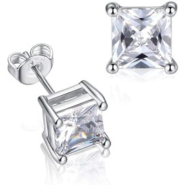Gulicx 4mm 925 Sterling Sliver Stud Earring for Women, 14K White Gold Plated Square CZ Cubic Zirconia Simulated Diamond Sparkly Small Unisex Cartilage Stud Earrings, Gift for Women Men Girls Teens