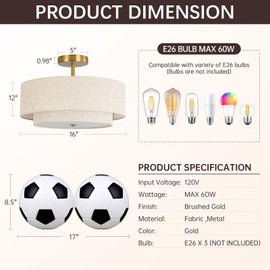 16" Semi Flush Mount Ceiling Light, 3-Light Gold Drum Ceiling Light Fixture with 2-Tier Fabric Linen Shade, Farmhouse Chandelier for Dining Room, Living Room, Bedroom, Kitchen, Hallway, Entryway