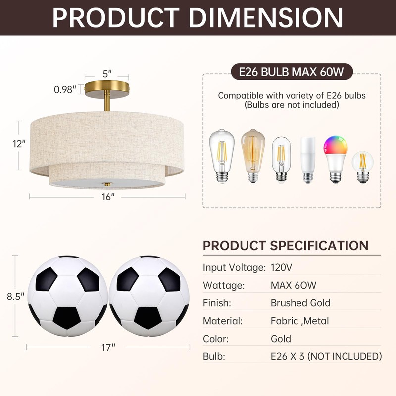 16" Semi Flush Mount Ceiling Light, 3-Light Gold Drum Ceiling