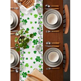 St. Patrick's Day Table Runner, Green Shamrock Irish Clover Cotton Linen Tablecloth Farmhouse Table Decor for Home,Kitchen,Dining Room,Indoor,Outdoor,13X120 Inches Extra Long, Seasonal Spring Holiday