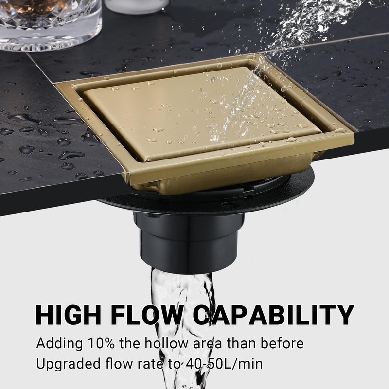 4 Inch Gold Shower Drain, SUS304 Stainless Steel Square Bathroom