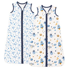 DaysU Cotton Baby Sleep Sack, Sleeveless Baby Sleeping Bag with Two-Way Zipper, Embroidered and Printed Baby Wearable Blanket for Newborn Baby Unisex 12-18 Months, 2-Pack, Blue Space, 0.5 TOG