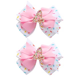 2Pcs Birthday Hair Bow for Baby Girls 2 3 4 5 6 7 Years Sprinkle Decorations Confetti Ice Cream Party Pink Pigtail Hair Accessories for Four 4th Birthday