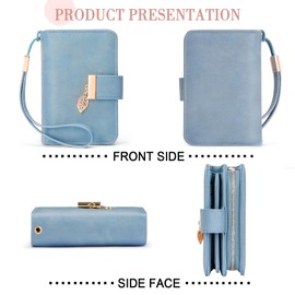 Faneam Women's Leather Wallet with RFID Protection, 14 Card Slots, Small Purses with Zip Chain and Lanyard, Retro light blue, Retro