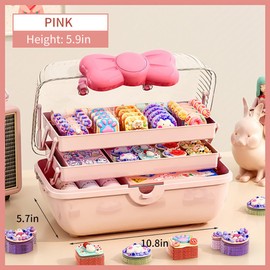 UEncounter 3-Layer Kids Hair Accessories Organizer with Bowknot Lock Cute Jewelry Box Headband Hair Tie Clip Organizer Box for Little Girls - Pink
