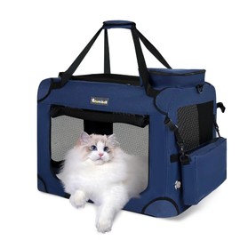 Totoro Ball Large Cat Carrier for Cats Collapsible Soft Pet XL Crate for Large/Medium Cats 15lbs+ Car Travel Portable Bag with Water Bottle Slot Ideal for Long Trips (Blue, 20.0"L x 14.0"W x 14.0"H)