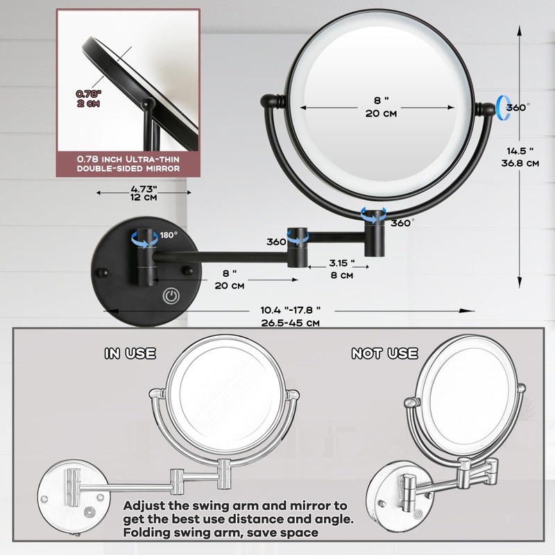 RECKODOR Hard Wired Make up Mirror Magnifying Lighted Black Wall