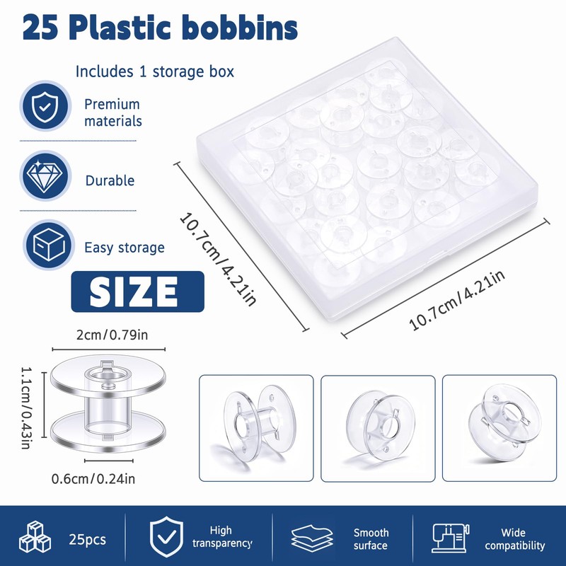 Doxiru 25 Plastic Sewing Machine Bobbins with Bobbin Case