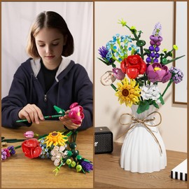 Muiurple Flowers Bouquet Building Set with Vase, Botanical Collection Artificial Plants, Rose, Sunflower, Hydrangea, Jasmine for Home Decor, Gifts for Mother's Day Anniversary Adults Kids Women Girls