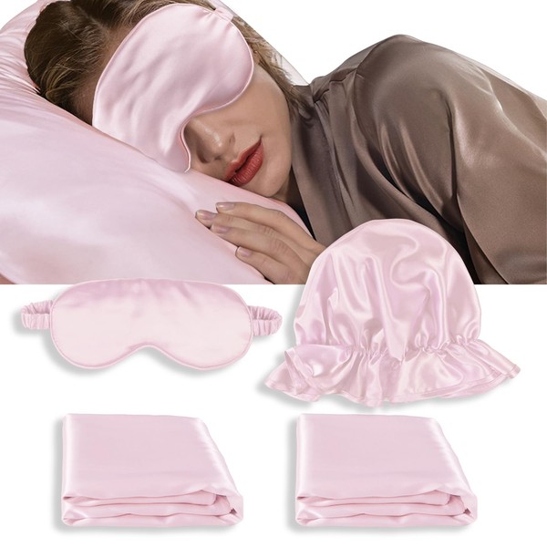 Silk Satin Pillowcase Standard Size Set of 2 for Hair and Skin,Plus Luxury Night Sleeping Hair Bonnet Cap and Soft Lavender Sleep Eye Mask (Pink, Standard Size (20"x26"))