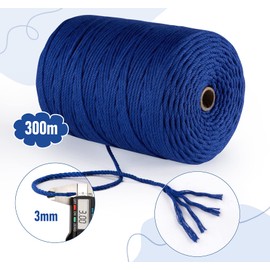 Cotton Yarn Macrame Soft, 3 mm x 300 m Natural Cotton Rope for Crafts, Tapestries, Hanging Basket, Thick Cotton Yarn Ideal for DIY Crafts Knitting Plant Hanger Boho Decoration (Harine Blue)