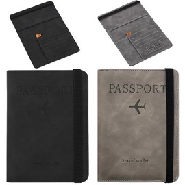 2 PACK Pasaporte Funda, Funda para Pasaporte con Bloqueo RFID. Porta Pasaporte, Pasaporte Funda para Hombres y Mujeres, Viaje Accesorios Hombres y Mujeres (Gris + Negro)