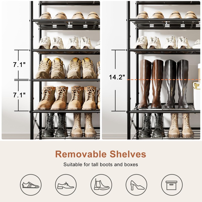 8 Tier Metal Shoe Rack with Wood Top, 24-32 Pairs
