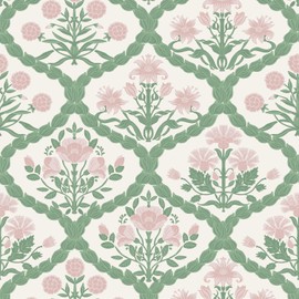 LUKUUI Pink Wallpaper, Rattan Weaving Floral Peel and Stick Wallpaper Boho Wall Paper Morris Style Removable Self Adhesive Bathroom Bedroom Thicken 17.3" x 78.7"