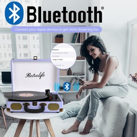Vinyl Record Player 3-Speed Bluetooth Suitcase Portable Belt-Driven Record Player with Built-in Speakers RCA Line Out AUX in Headphone Jack Vintage Turntable Purple