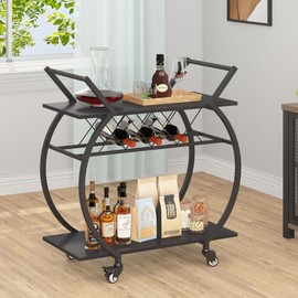 LVB Black Wine Cart with Wheels, Modern Bar Cart with Wine Rack, Industrial Beverage Rolling Kitchen Serving Cart with Storage, Metal Wooden Microwave Drink Liquor Cart for Home Dining Room, Black Oak