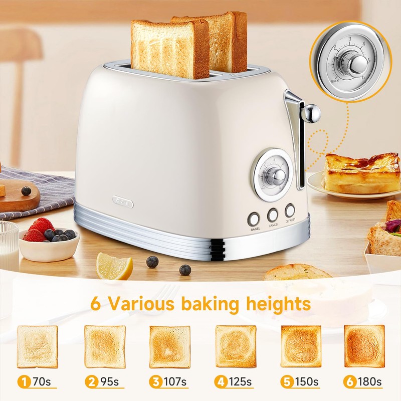 Wiltal Beige Cute Retro Toaster 2 Slice with 1.58" Wide