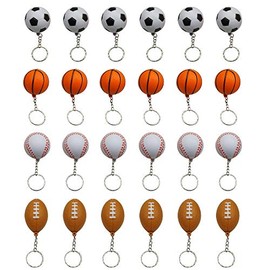 MOMOONNON Mini Foam Squeeze Sports Ball with Keychain, 24 Counts Mixed Mini Soccer, Basketball, Football, BaseBall, Kids Party Favors