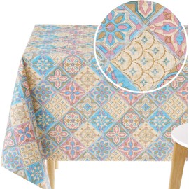 KP HOME PVC Table Cloth Wipe Clean Lisbon Tiles Pattern Vinyl Tablecloth Pink Beige Blue Square 140 x 140 Portuguese Azulejo Table Cover 4 Seat - 55x55in