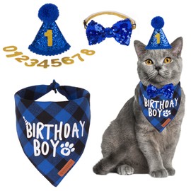 ADOGGYGO ADOGGYGO Cat Birthday Party Supplies, Birthday Boy Plaid Kitten Bandana, Blue Cat Party Hat with Numbers, Bowtie (Blue)