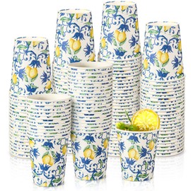 TecUnite 100 Pcs 9oz Blue Lemon Cups Disposable Paper Yellow Blue Cups for Lemonade Stand Decorative Party for Cold Hot Beverage Juice Kitchen Coffee Birthday Party Supplies