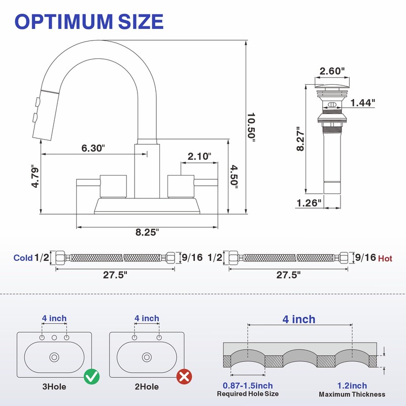 Kablle Bathroom Faucet with Pull Down Sprayer 3 Holes, Brushed