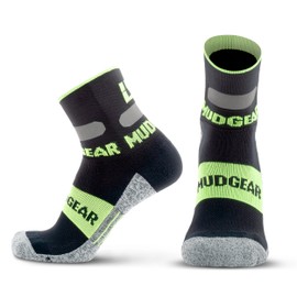 MudGear Gloom Runner Reflective Crew Height Sock - Medium Compression, Cushioned - Reflective Running Gear, Night Running, Running Safety Gear (Small, Black/HiViz Green)