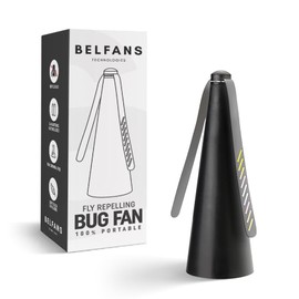 Belfans FlyRepellent Fan for Tables – AA Battery/USB Powered, Soundless Fly Swatter with Holographic Blades – Portable Fly Fan for Bees, Wasps & Outdoor Use (1, Black)