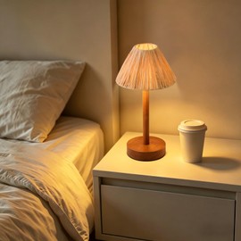 Bedside Lamp for Bedroom Decor - Dimmable Touch Table Lamp, Portable Small Lamp 13.19 in H with Solid Wood Base & Hand-Woven Raffia Lampshade, Rechargeable Lamp for Living Room/Kitchen/Office/Camping