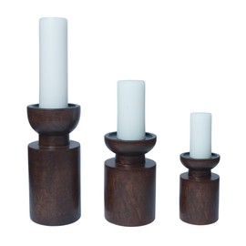 Candle Holders for Pillar Candles Set of 3 - Rustic Home Decor, Great for Farmhouse Table Centerpiece 10", 6", 3", Handcrafted from Mango Wood - Vintage Brown