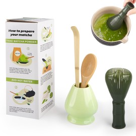 Matcha Set 4 Pieces Japanese Ceremony Resin Matcha Whisk Bamboo Spoon Bamboo Shovel Whisk Holder Perfect Set for Preparation Green