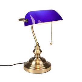 FIRVRE Blue Glass Bankers Desk Lamp Bright Executive Table Lamp Bronze Finish Basis with Pull Chain Switch E26 for Bedroom Bedside Home Office Student Dorm Library