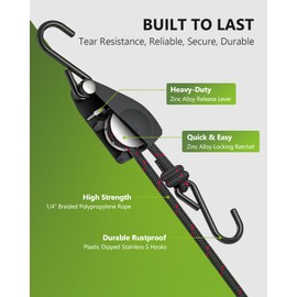 STAYGROW Ratchet Straps Heavy Duty, Adjustable Ratchet Tie Down Straps with Safety Lock S Hooks, 1/4 Inch Rope Pulley System Straps for Trucks Garage Canoe Various Hanging and Strapping 4 Pack