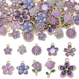 Stiesy 40Pcs 10 Styles Enamel Flower Charms Purple Flower Pendant Charm Rose Cherry Blossom Charms for Jewellery Making Bracelet Crafting Necklaces
