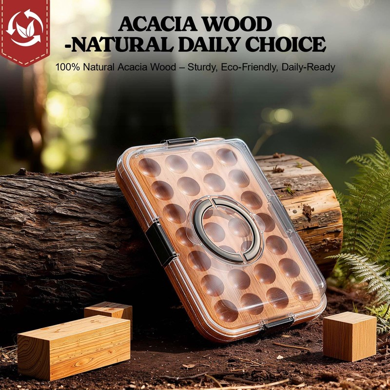 Renmxj Deviled Egg Containers with Lid, 28 Holes Reversible Acacia