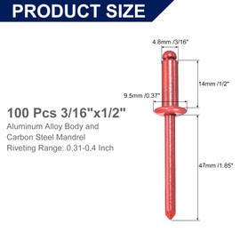 sourcing map 100Pcs 3/16"x1/2" Aluminum Blind Rivets, Aluminum Grip and Steel Mandrel, Dome Head Long Split Rivets for Metal, Furniture, Automotive, Red