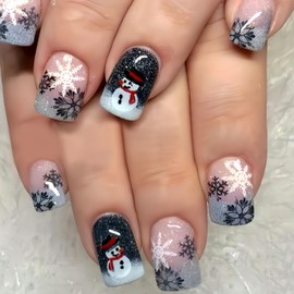 Christmas Snowflake Press on Nails Silver Glitter French Acrylic Fake Nails Short Square Glue on Nails with Cute Snowmen Design Acrylic Nails Black White Snowflake Winter Xmas Stick on Nails for Women