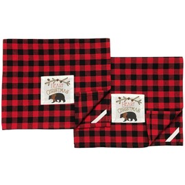 Winter Bear Christmas Kitchen Towel and Pot Holder Set: Traditional Red Black Check with Beary Christmas Patch