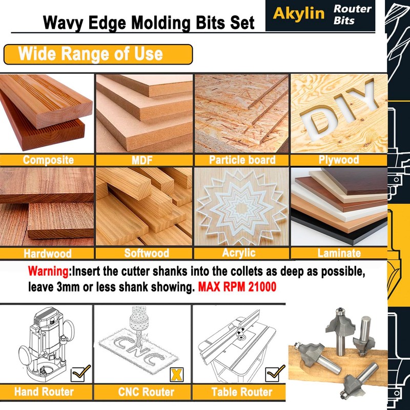 Akylin 4Pcs Wavy Edge Molding Router Bits,1/2" Shank,3/4",7/8",1-1/8",1-1/4" Cutting Height