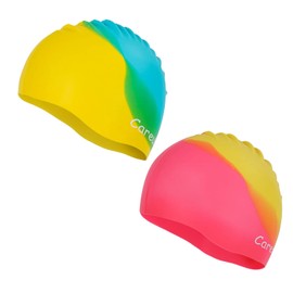 Swim Cap, 2 Pack Durable Silicone Swimming Caps for Kids Girls Boys Youths (Age 2-12), Soft 3D Ergonomic Waterproof Kids Swim Caps, Comfortable Fit for Long Hair and Short Hair