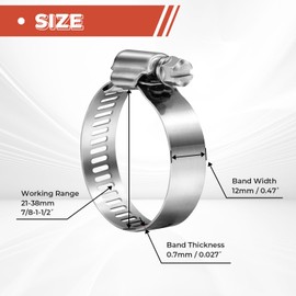 24 Pack 7/8'' - 1 1/2'' Worm Gear Hose Clamps, Adjustable Range 21-38mm 304 Stainless Steel Fuel Line Hose Clamps for Pipe, Plumbing, Automotive And Mechanical Application