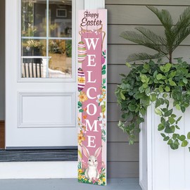 8"x48" Easter Welcome Sign for Front Door, Happy Easter Sign for Front Porch Decorations for Outdoors PVC Sign